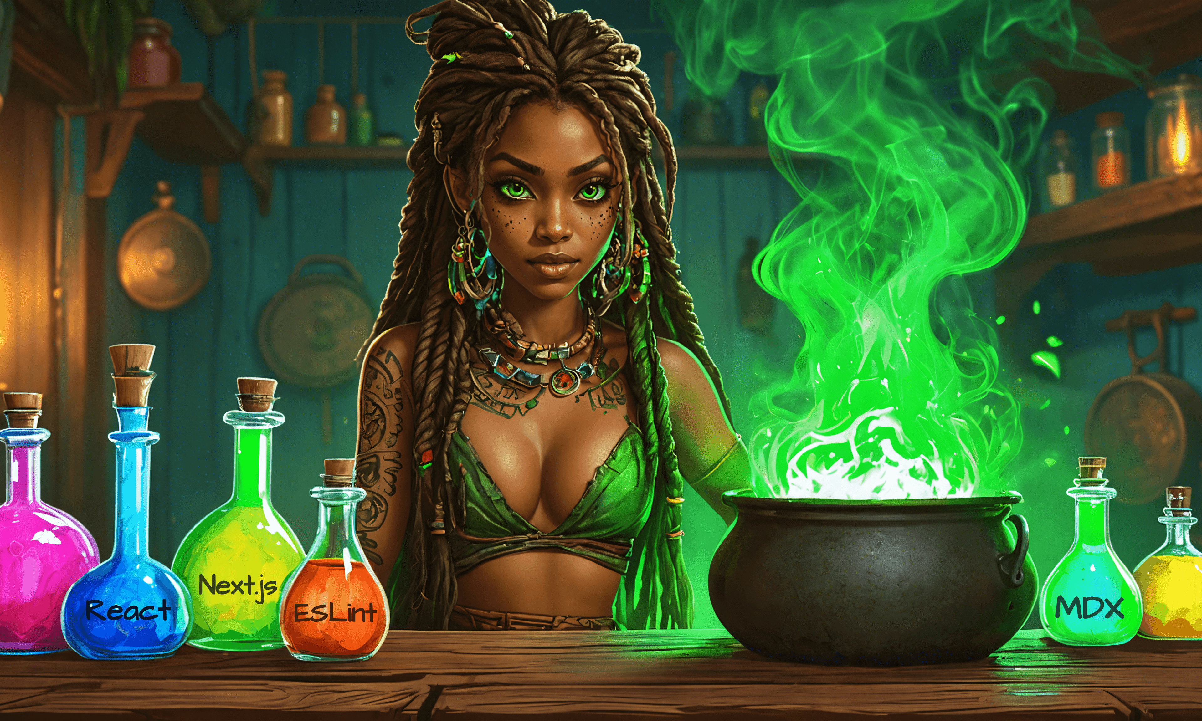 voodoo lady mixing potions in a big cauldron, it represents a dev using different packages to build a project using an IDE